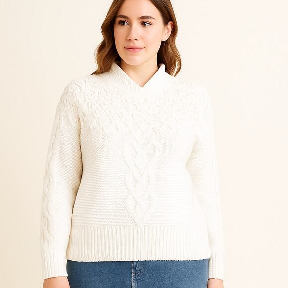 Sarah Taylor Collection VTG SZ M Cable Knit Cream Sweater Crochet Pearls 80's - Picture 1 of 10